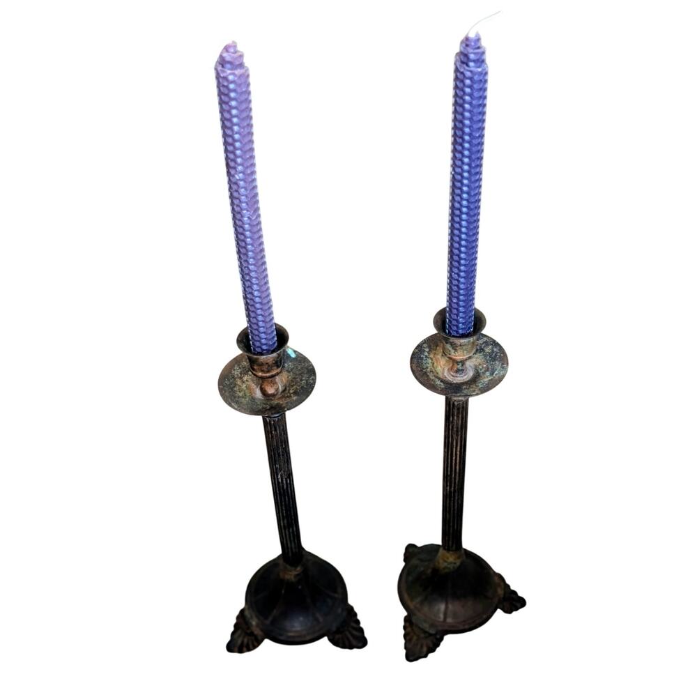 Aged Distressed Patina Pair of Metal Candlestick Holders (Candles Not Included)